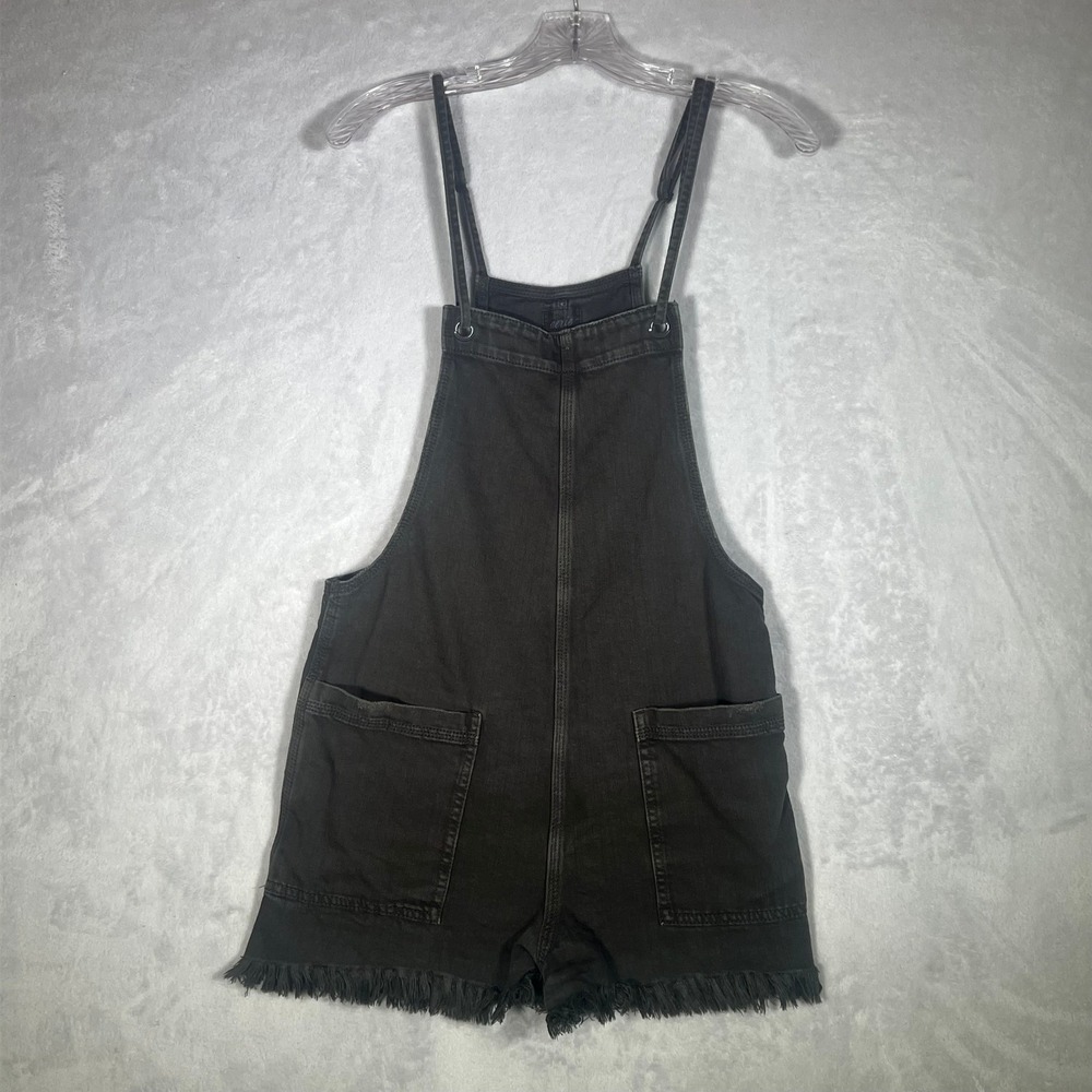 Aerie Romper Womens Small Black Denim Shortall Short Overalls Frayed Hem Pockets